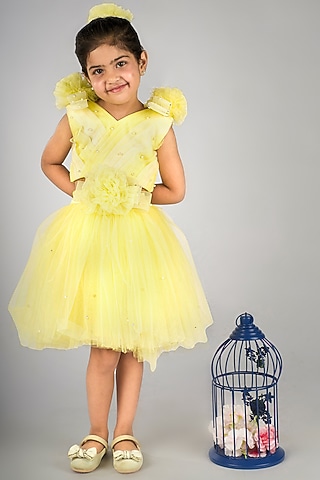 Yellow Net Embellished Skirt Set For Girls by Devykids