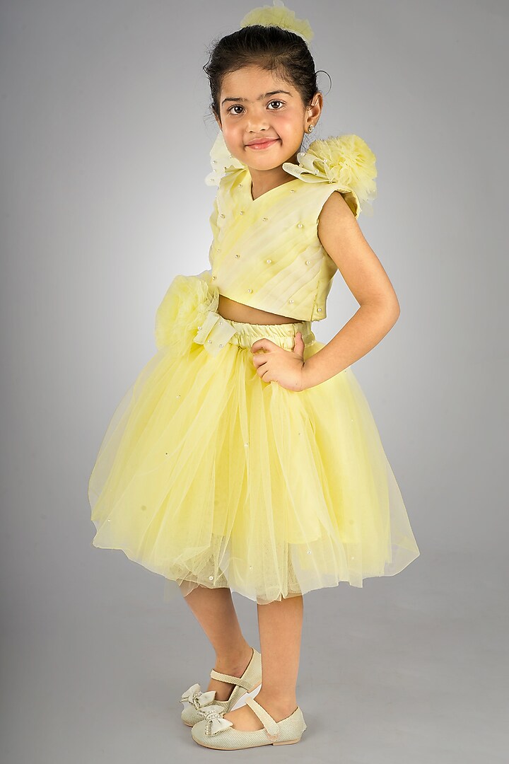 Yellow Net Embellished Skirt Set For Girls by Devykids at Pernia's Pop Up Shop