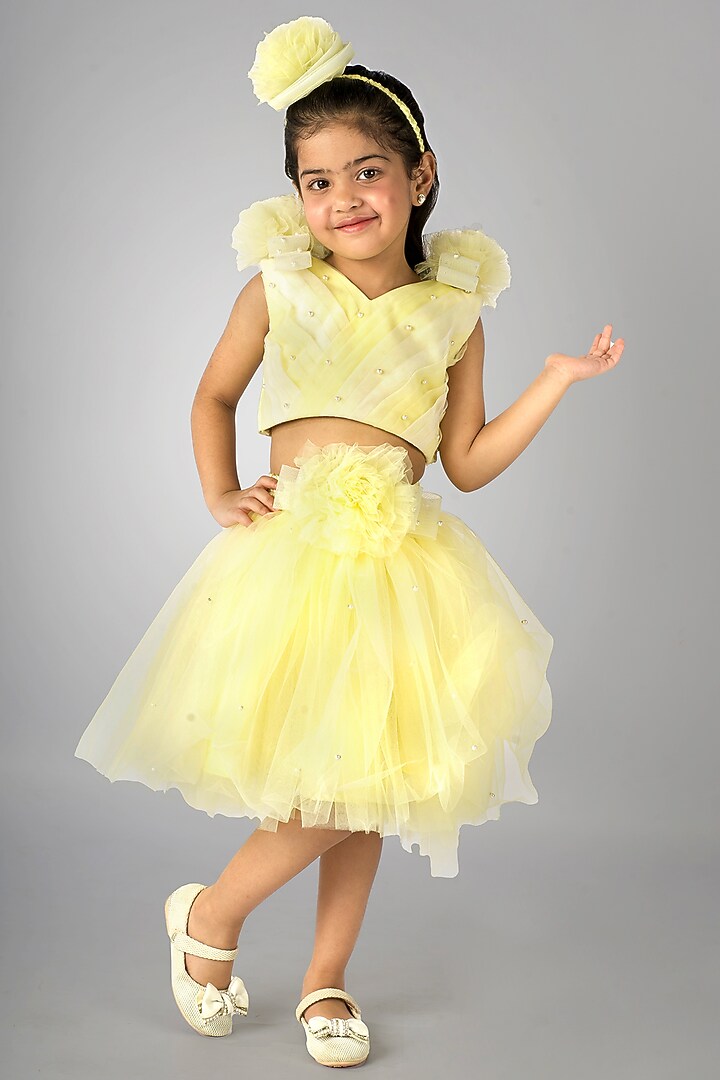 Yellow Net Embellished Skirt Set For Girls by Devykids at Pernia's Pop Up Shop