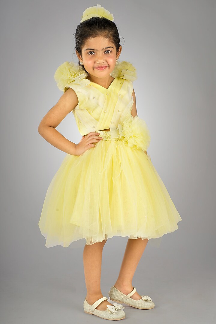 Yellow Net Embellished Skirt Set For Girls by Devykids at Pernia's Pop Up Shop