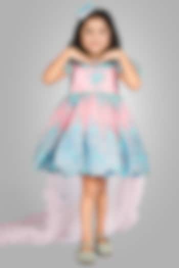 Blue Net Floral Embellished Dress For Girls by Devykids at Pernia's Pop Up Shop