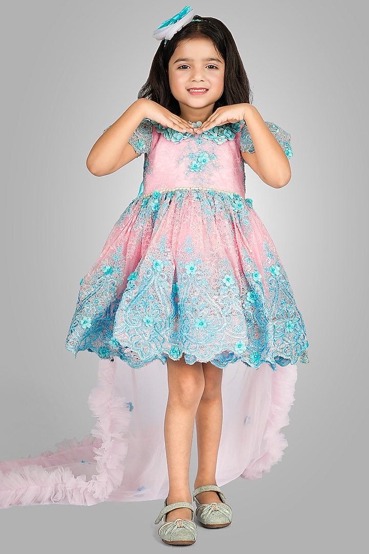 Blue Net Floral Embellished Dress For Girls by Devykids at Pernia's Pop Up Shop