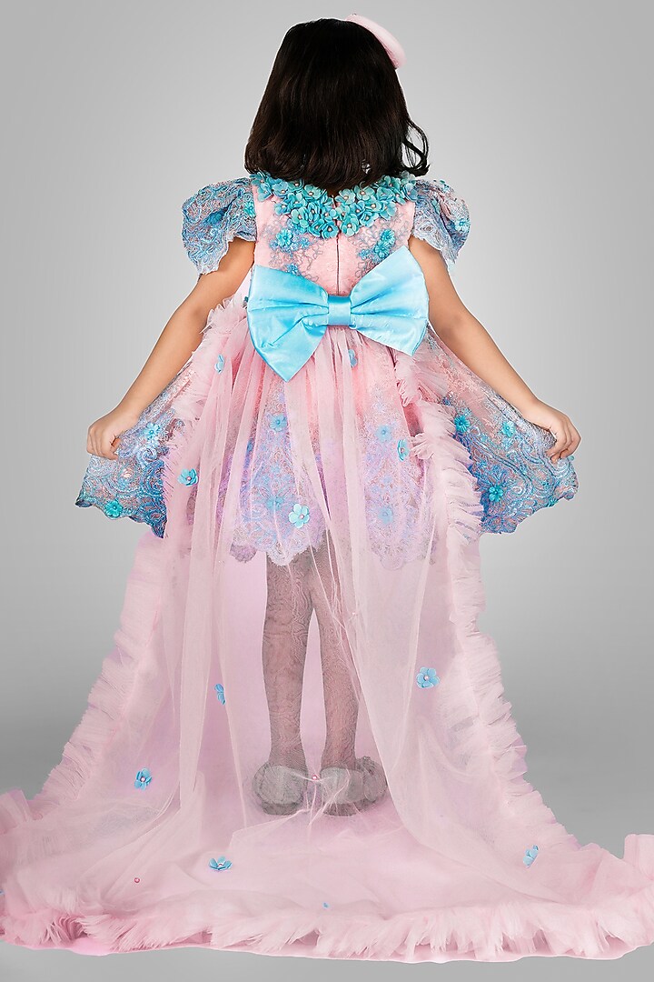 Blue Net Floral Embellished Dress For Girls by Devykids at Pernia's Pop Up Shop