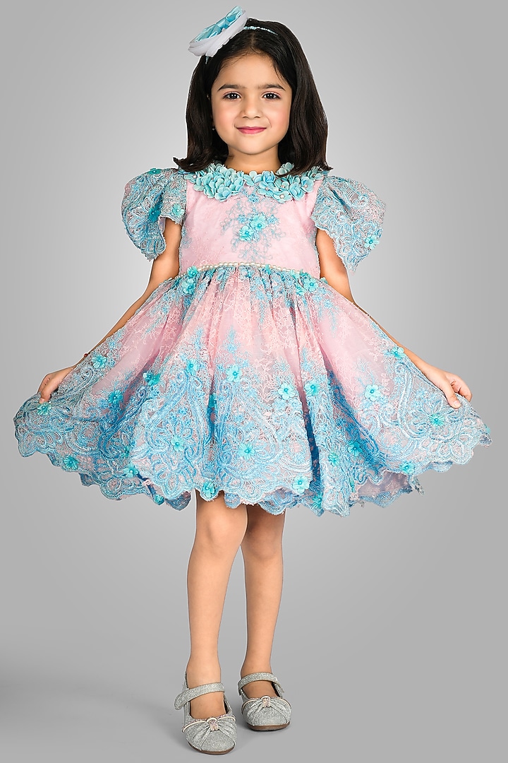 Blue Net Floral Embellished Dress For Girls by Devykids at Pernia's Pop Up Shop