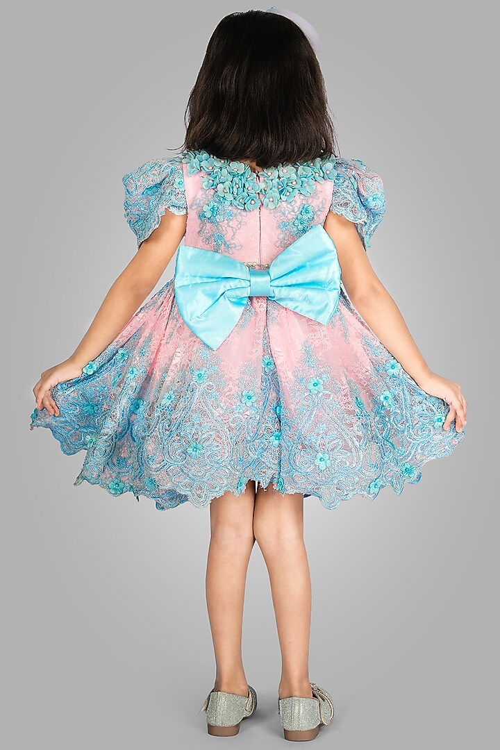 Blue Net Floral Embellished Dress For Girls by Devykids at Pernia's Pop Up Shop