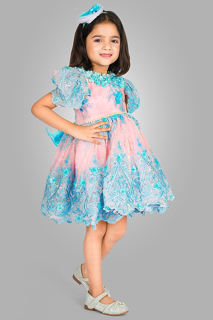 Blue Net Floral Embellished Dress For Girls by Devykids at Pernia's Pop Up Shop
