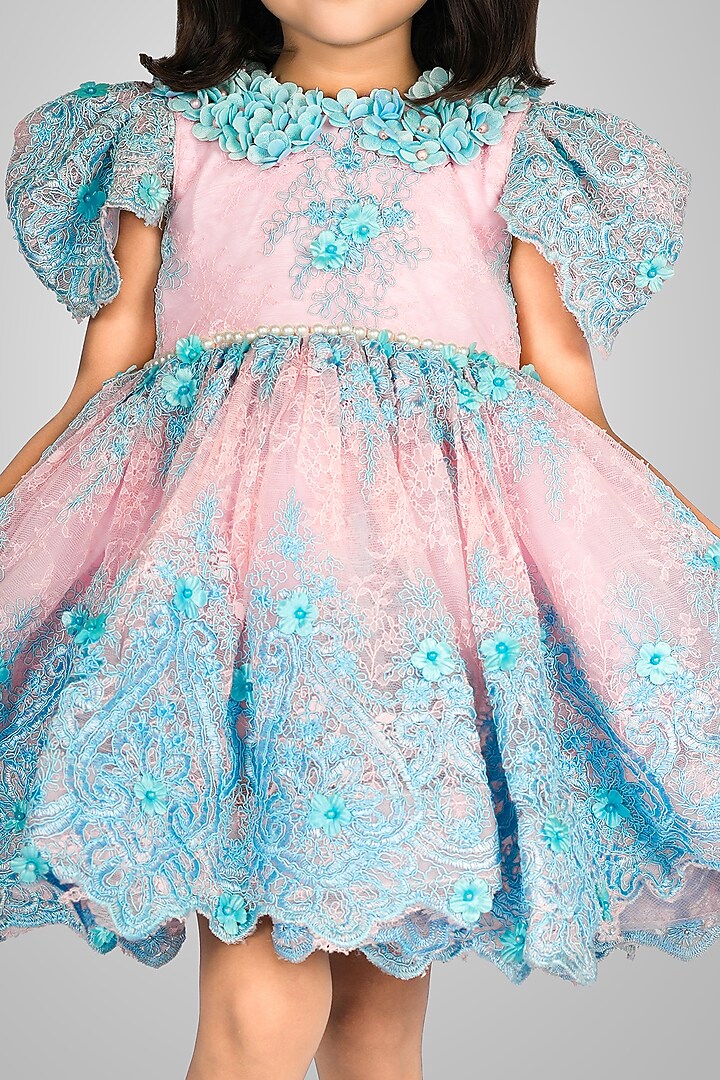 Blue Net Floral Embellished Dress For Girls by Devykids at Pernia's Pop Up Shop