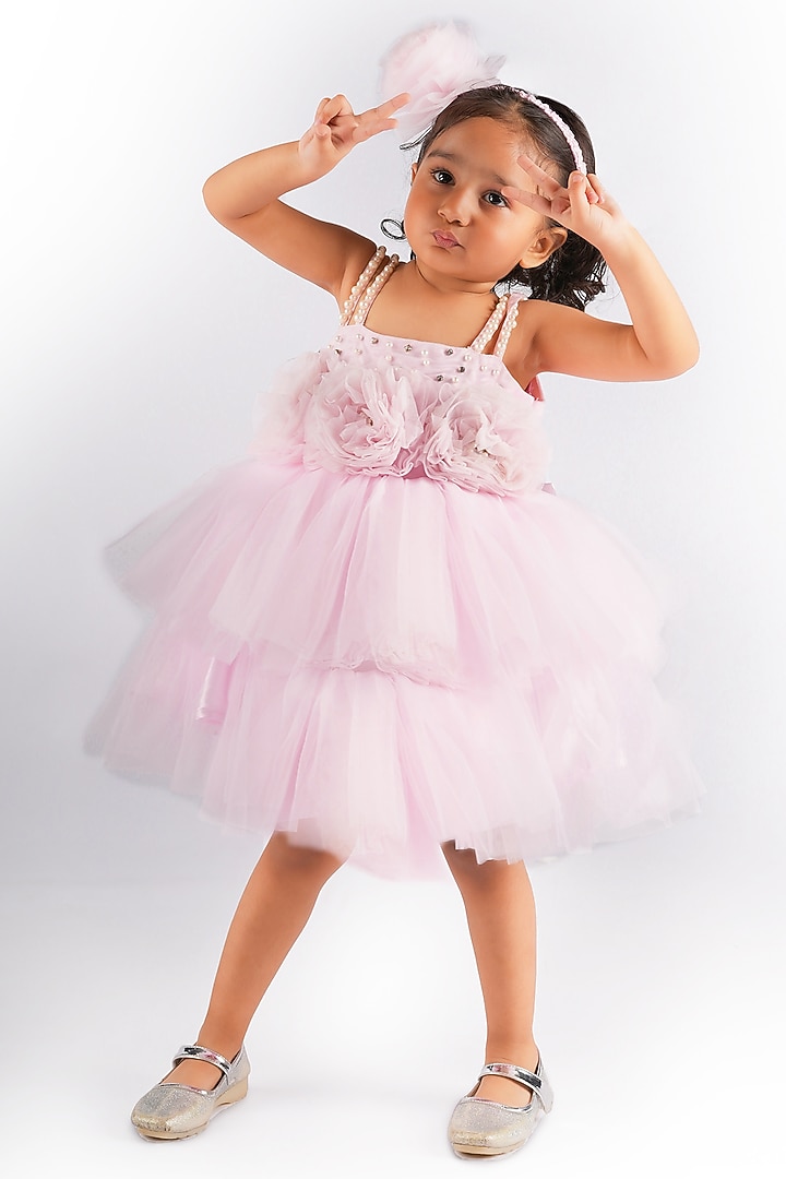 Baby Pink Net Embellished Dress For Girls by Devykids at Pernia's Pop Up Shop
