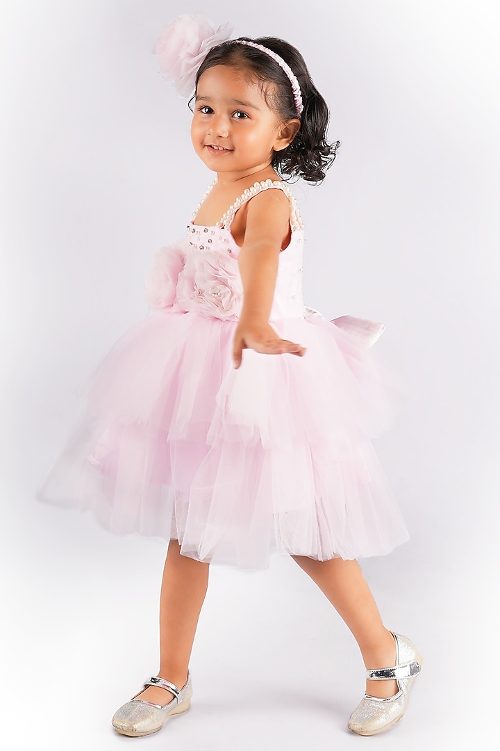 Baby Pink Net Embellished Dress For Girls by Devykids at Pernia's Pop Up Shop