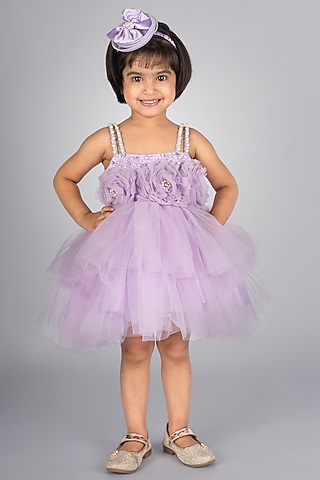 Purple Net Embellished Dress For Girls by Devykids