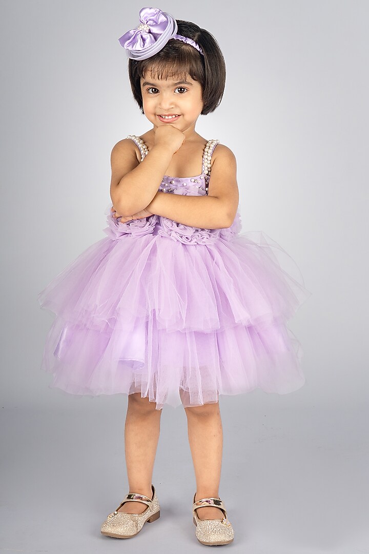 Purple Net Embellished Dress For Girls by Devykids at Pernia's Pop Up Shop