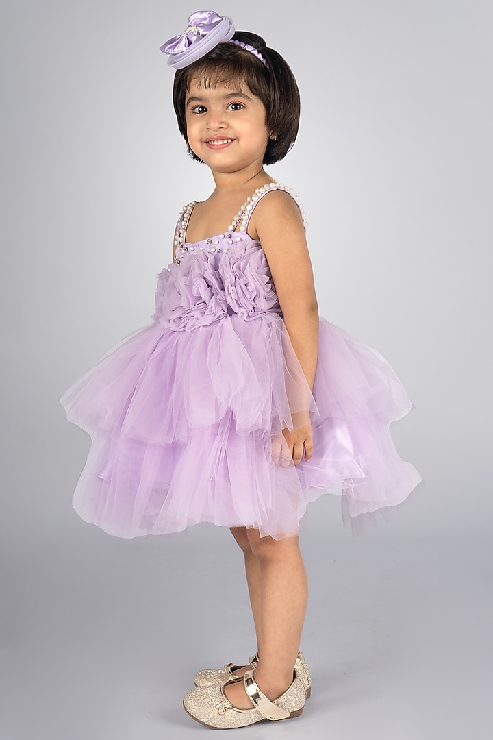 Purple Net Embellished Dress For Girls by Devykids at Pernia's Pop Up Shop