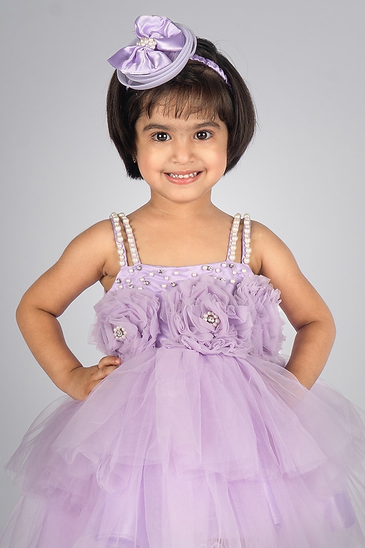 Purple Net Embellished Dress For Girls by Devykids at Pernia's Pop Up Shop