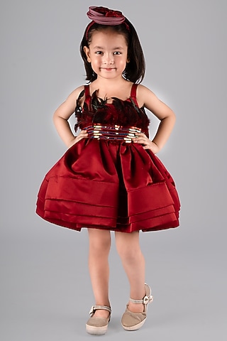 Deep Red Satin Embellished Dress For Girls by Devykids
