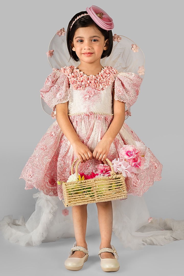 White Net Embroidered Dress For Girls by Devykids at Pernia's Pop Up Shop
