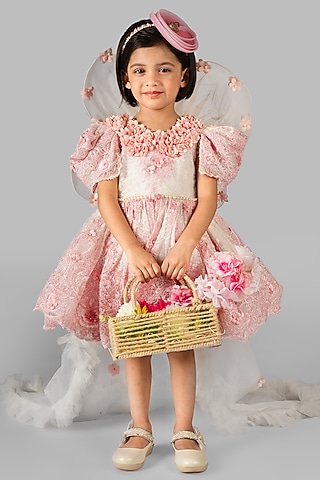 White Net Embroidered Dress For Girls by Devykids