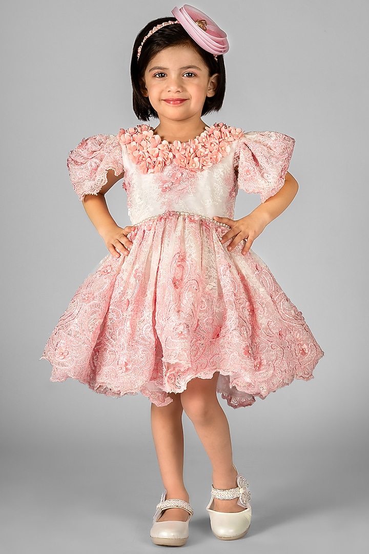 White Net Embroidered Dress For Girls by Devykids at Pernia's Pop Up Shop