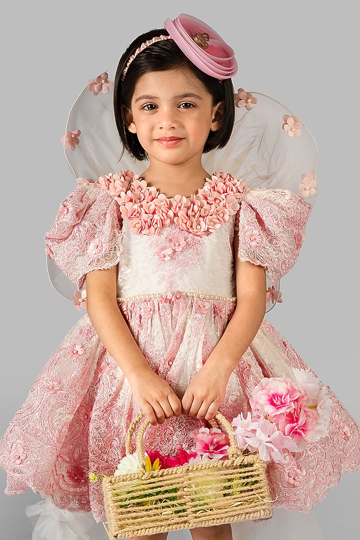 White Net Embroidered Dress For Girls by Devykids at Pernia's Pop Up Shop