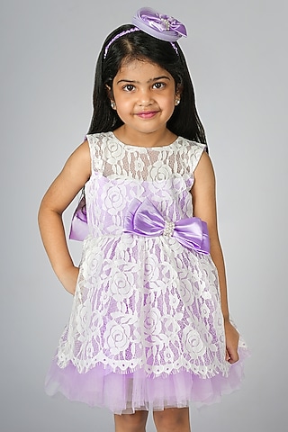 White Net Embroidered Dress For Girls by Devykids