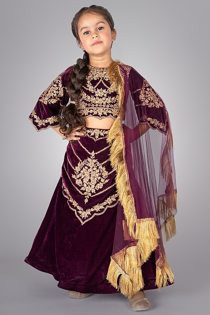 Wine Velvet Embroidered Lehenga Set by Devykids at Pernia's Pop Up Shop
