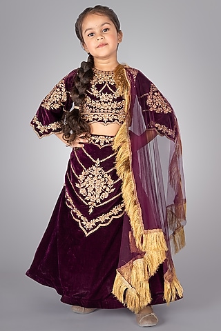 Wine Velvet Embroidered Lehenga Set by Devykids