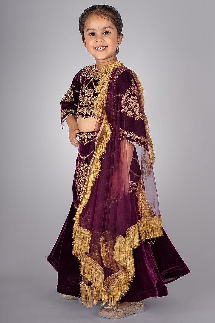 Wine Velvet Embroidered Lehenga Set by Devykids at Pernia's Pop Up Shop