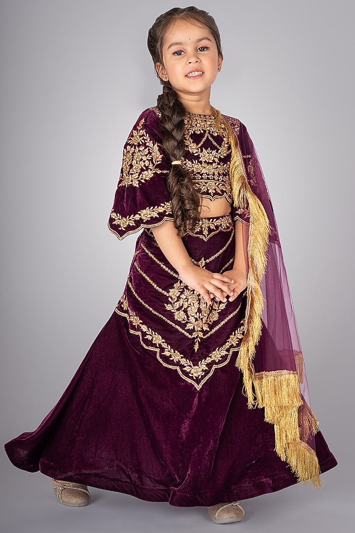 Wine Velvet Embroidered Lehenga Set by Devykids at Pernia's Pop Up Shop