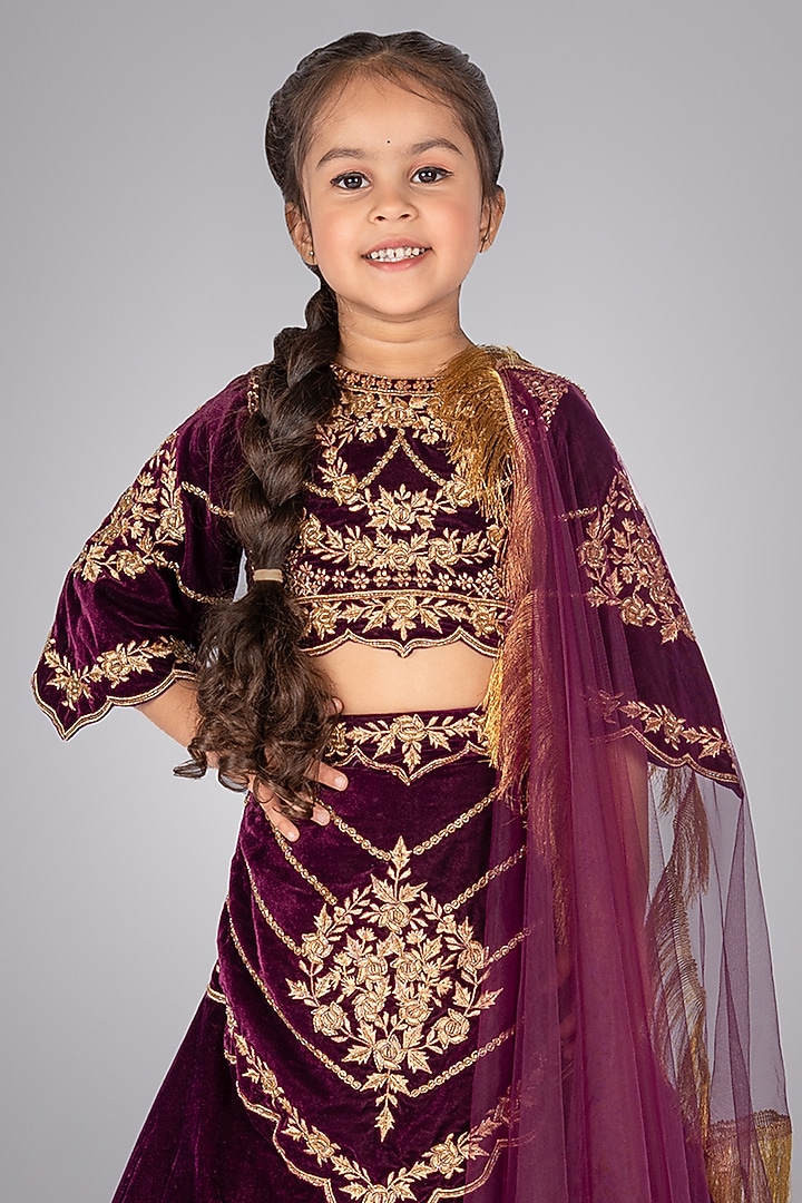 Wine Velvet Embroidered Lehenga Set by Devykids at Pernia's Pop Up Shop
