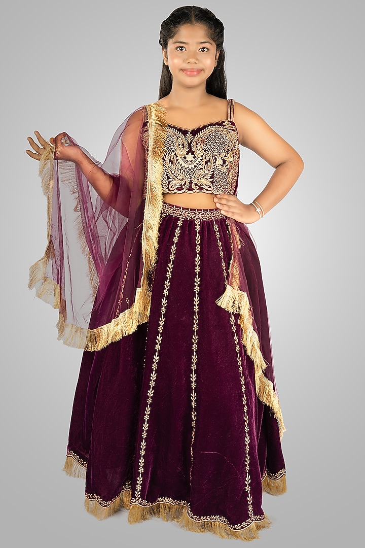 Wine Velvet Embroidered Lehenga Set by Devykids at Pernia's Pop Up Shop