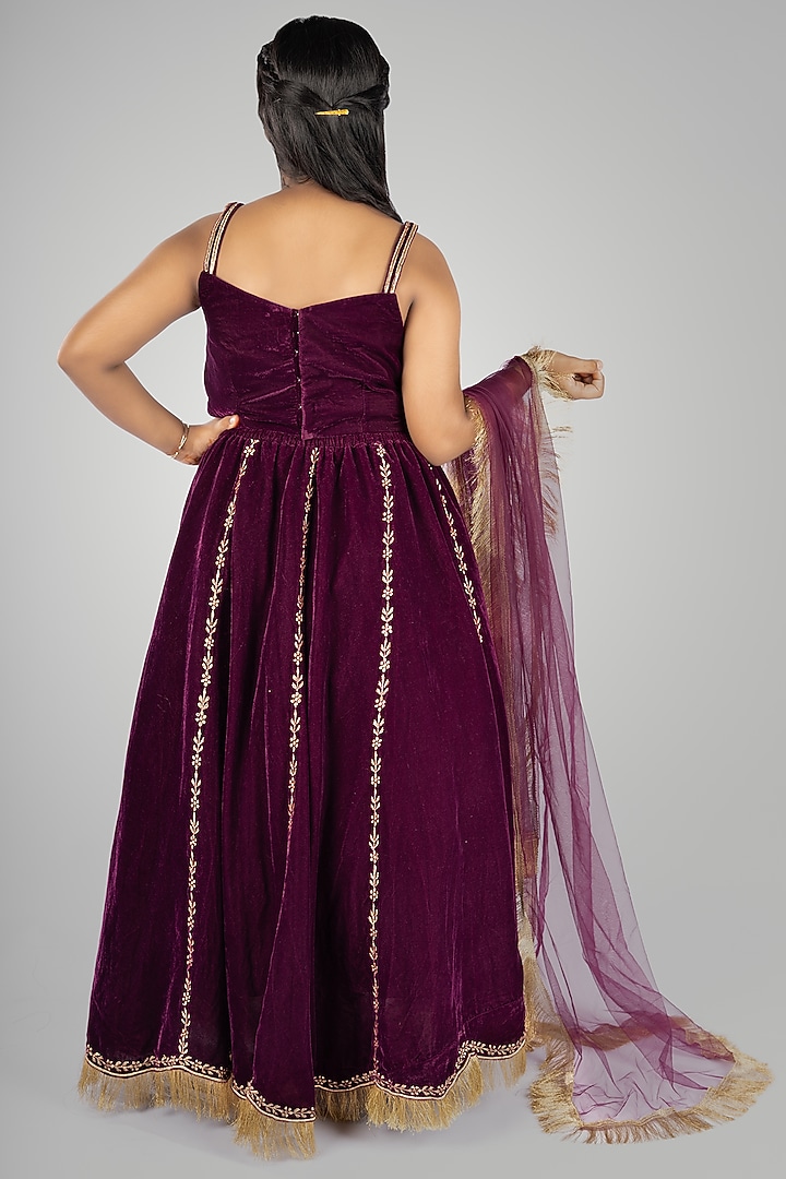 Wine Velvet Embroidered Lehenga Set by Devykids at Pernia's Pop Up Shop