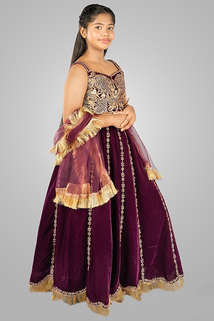 Wine Velvet Embroidered Lehenga Set by Devykids at Pernia's Pop Up Shop