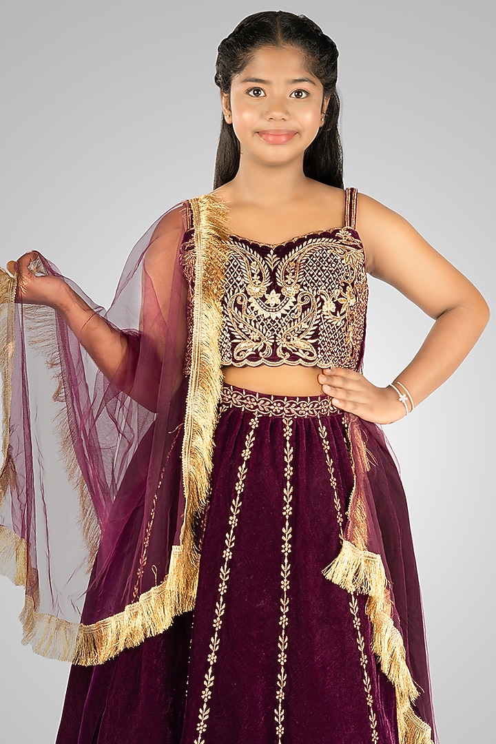 Wine Velvet Embroidered Lehenga Set by Devykids at Pernia's Pop Up Shop