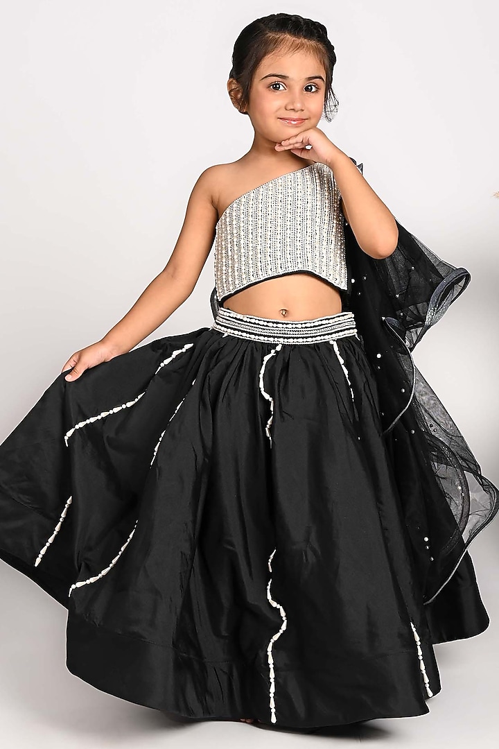 Black Organza Pearl Work Lehenga Set For Girls by Devykids at Pernia's Pop Up Shop