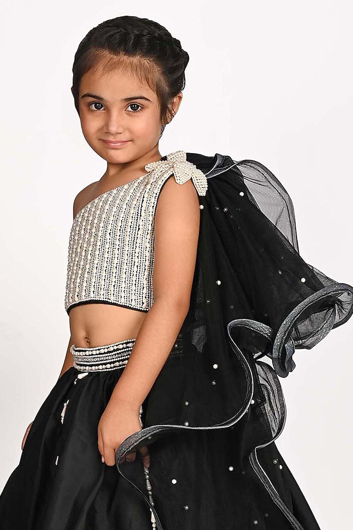 Black Organza Pearl Work Lehenga Set For Girls by Devykids at Pernia's Pop Up Shop