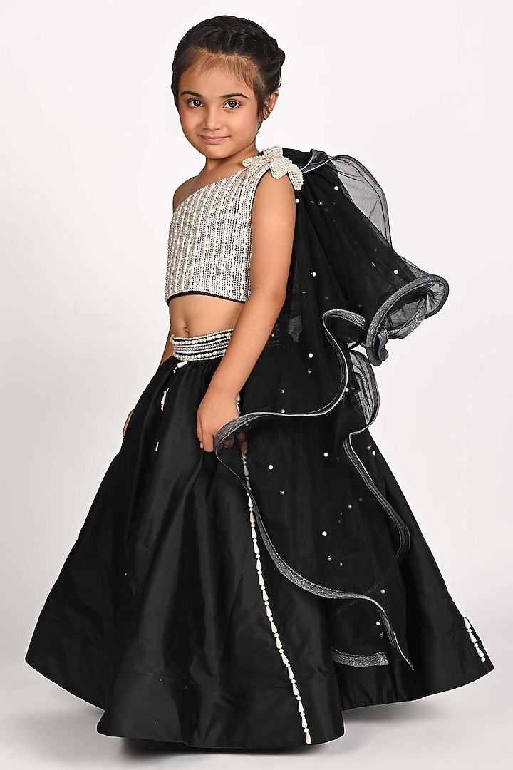 Black Organza Pearl Work Lehenga Set For Girls by Devykids at Pernia's Pop Up Shop