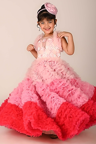 Pastel Pink Net Ruffled Ombre Dress For Girls by Devykids