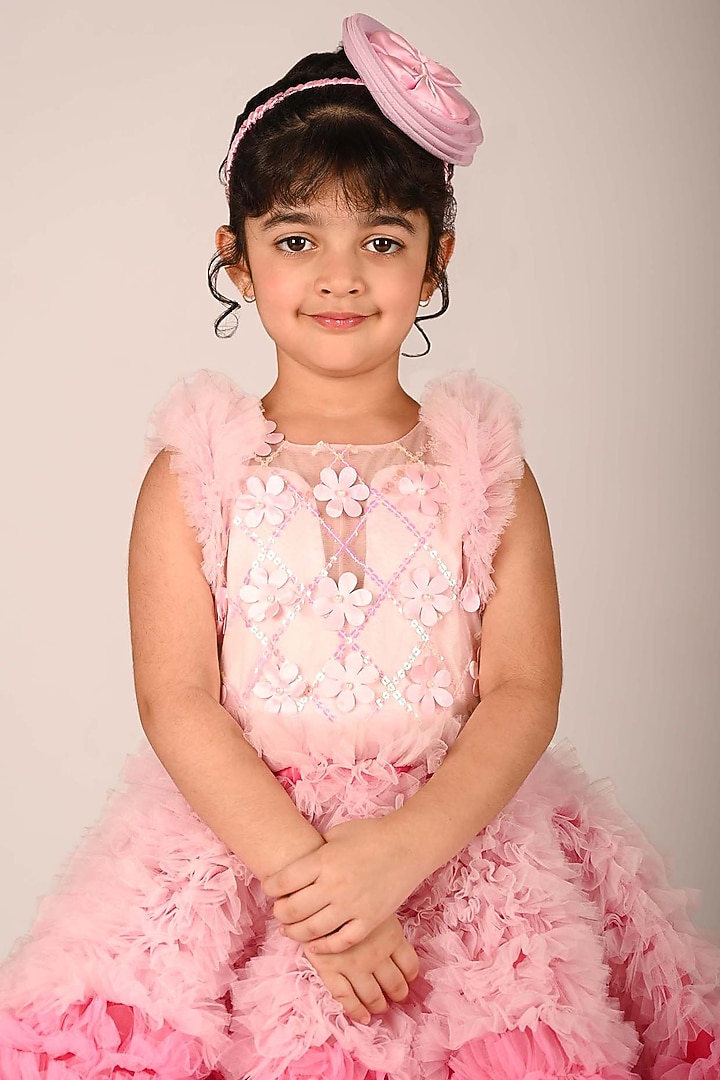 Pastel Pink Net Ruffled Ombre Dress For Girls by Devykids at Pernia's Pop Up Shop