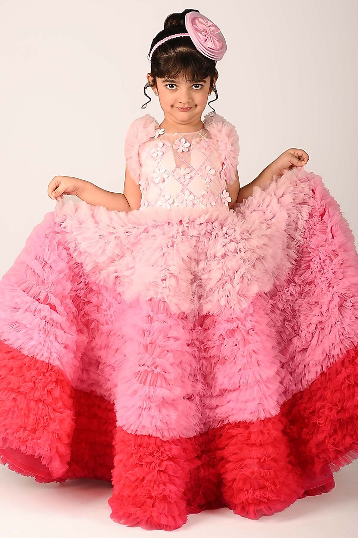 Pastel Pink Net Ruffled Ombre Dress For Girls by Devykids at Pernia's Pop Up Shop
