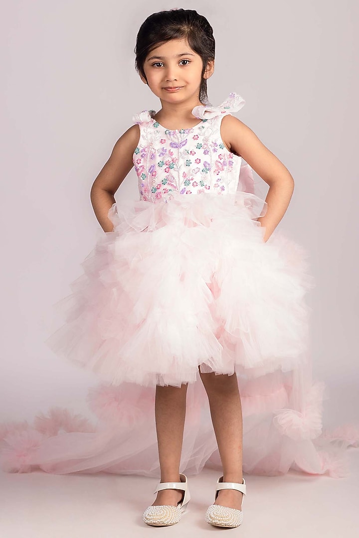 Baby Pink Net & Tulle Floral Embroidered Dress For Girls by Devykids at Pernia's Pop Up Shop