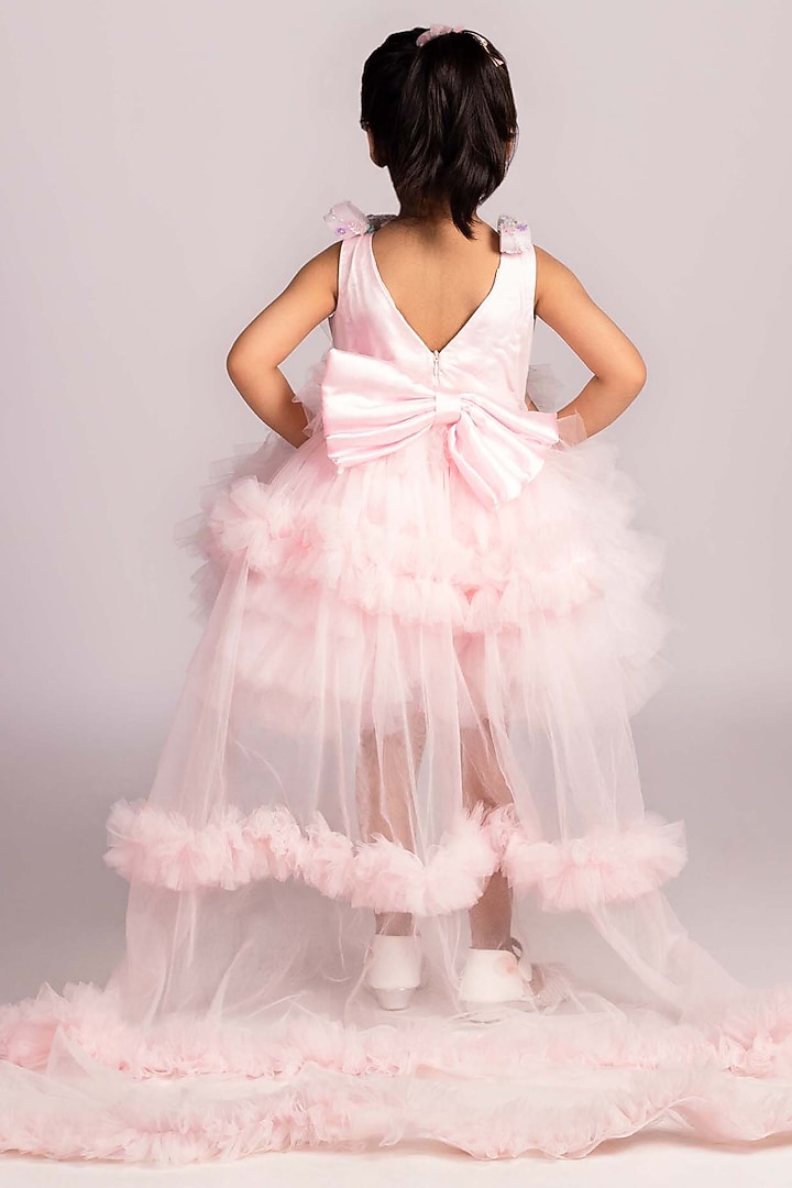 Baby Pink Net & Tulle Floral Embroidered Dress For Girls by Devykids at Pernia's Pop Up Shop