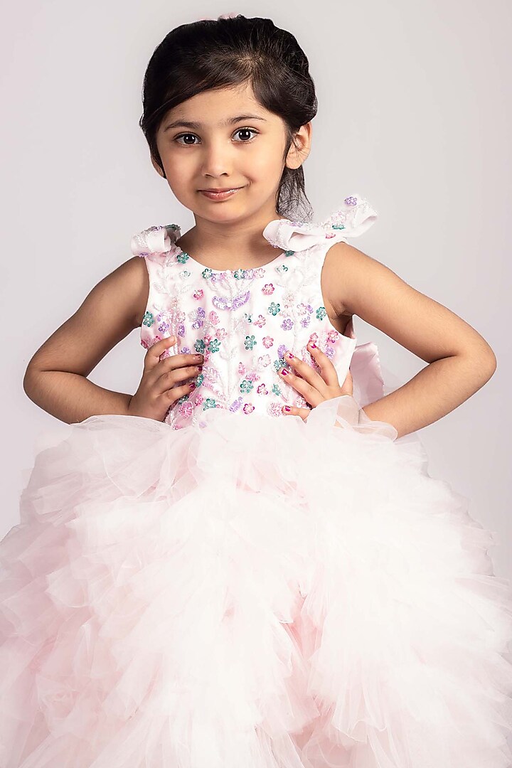 Baby Pink Net & Tulle Floral Embroidered Dress For Girls by Devykids at Pernia's Pop Up Shop