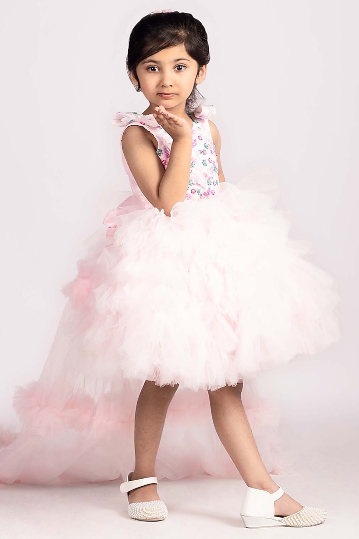 Baby Pink Net & Tulle Floral Embroidered Dress For Girls by Devykids at Pernia's Pop Up Shop