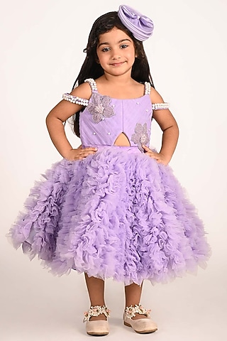 Purple Net & Tulle Floral Applique Work Dress For Girls by Devykids