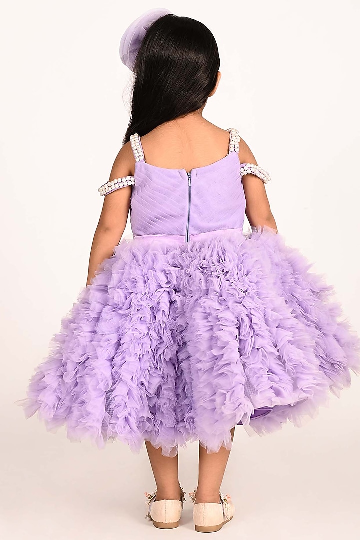 Purple Net & Tulle Floral Applique Work Dress For Girls by Devykids at Pernia's Pop Up Shop