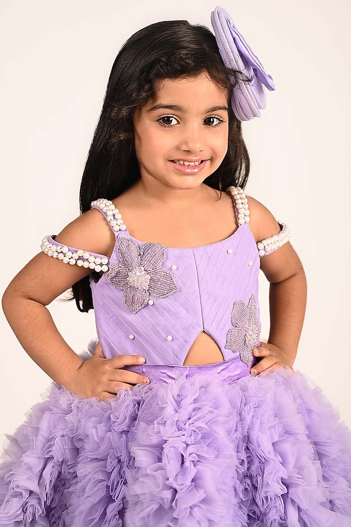 Purple Net & Tulle Floral Applique Work Dress For Girls by Devykids at Pernia's Pop Up Shop