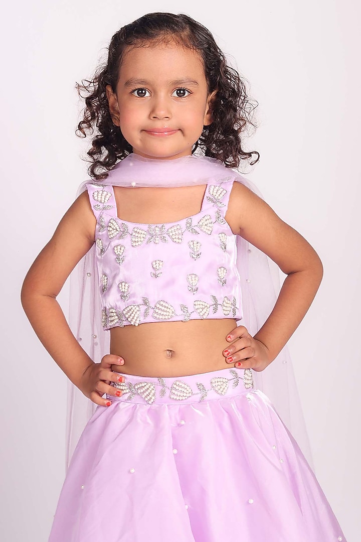 Lavender Organza Pearl Embellished Lehenga Set For Girls by Devykids at Pernia's Pop Up Shop