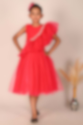 Fuchsia Pink Net & Tulle Asymmetrical Dress For Girls by Devykids at Pernia's Pop Up Shop
