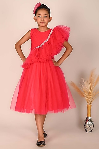 Fuchsia Pink Net & Tulle Asymmetrical Dress For Girls by Devykids