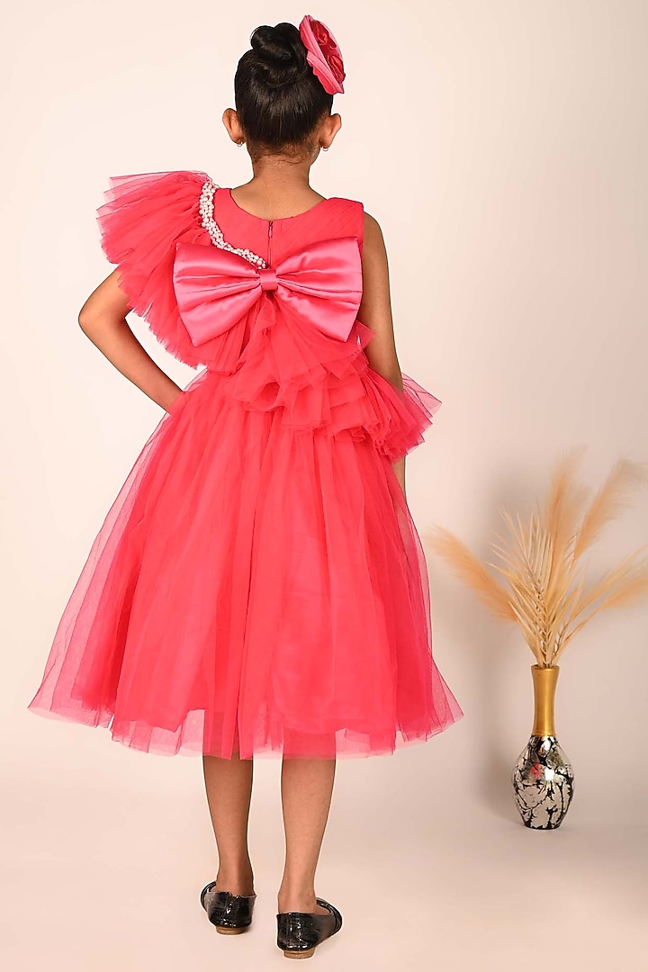 Fuchsia Pink Net & Tulle Asymmetrical Dress For Girls by Devykids at Pernia's Pop Up Shop