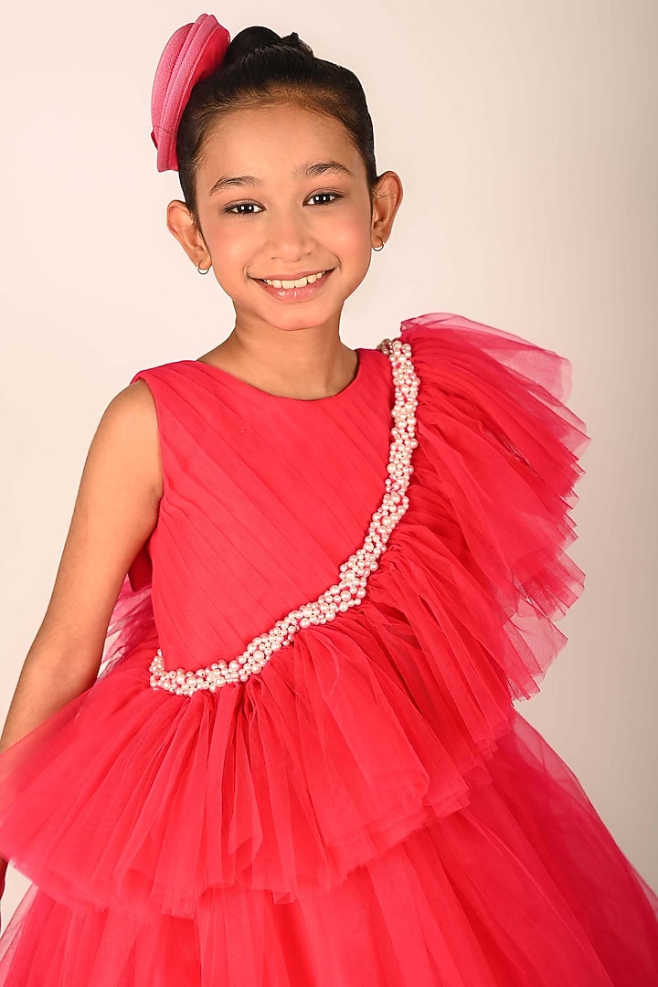Fuchsia Pink Net & Tulle Asymmetrical Dress For Girls by Devykids at Pernia's Pop Up Shop